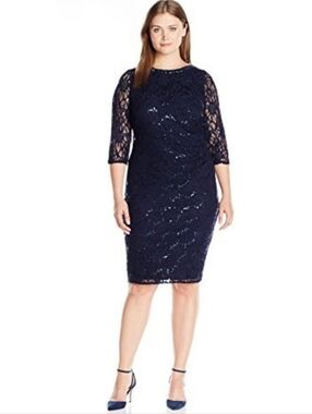 Jessica Howard Women's Lace 3/4 Sleeves Cocktail Shift Lined Evening Dress Navy